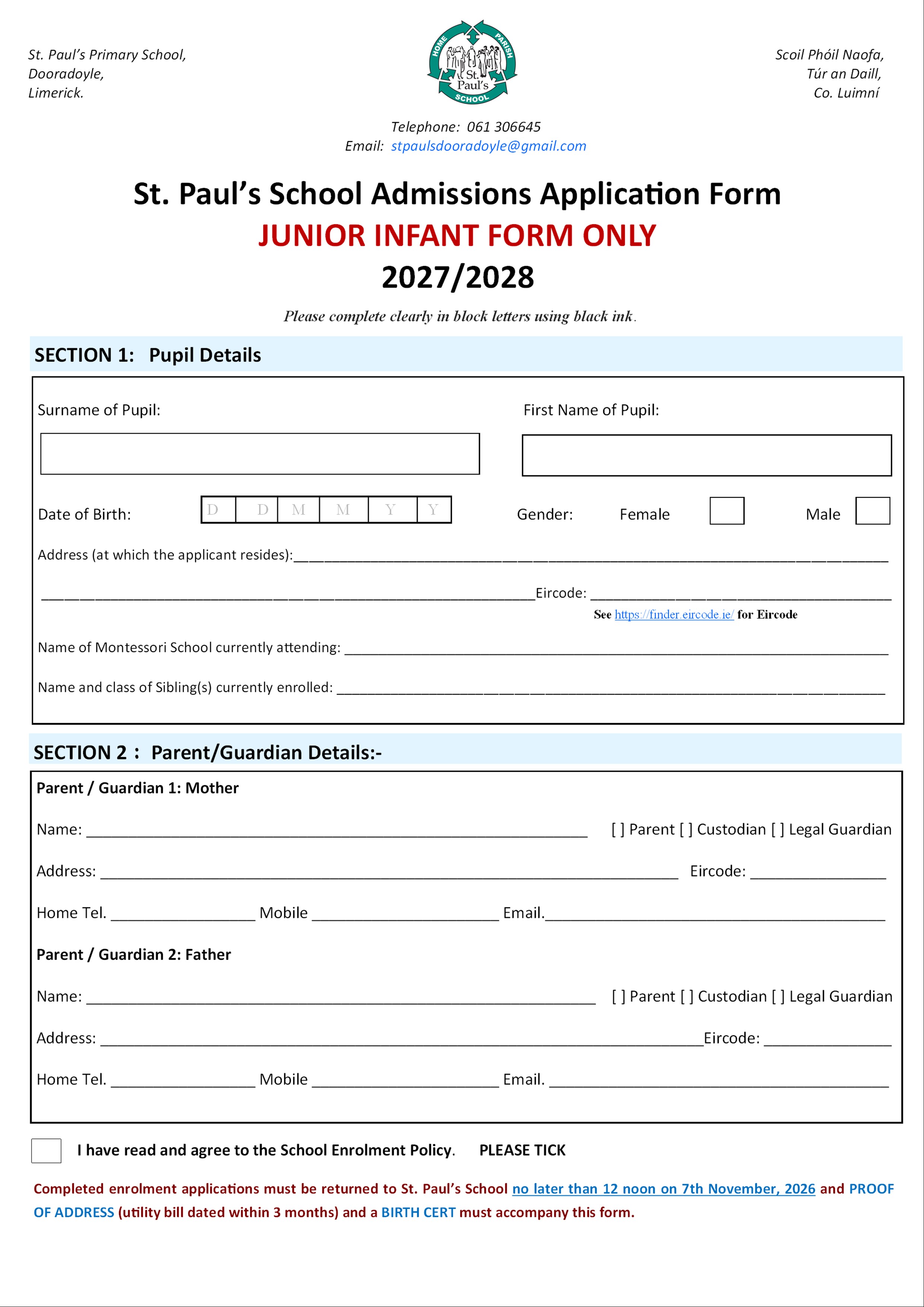 Junior Infants Enrolment Form